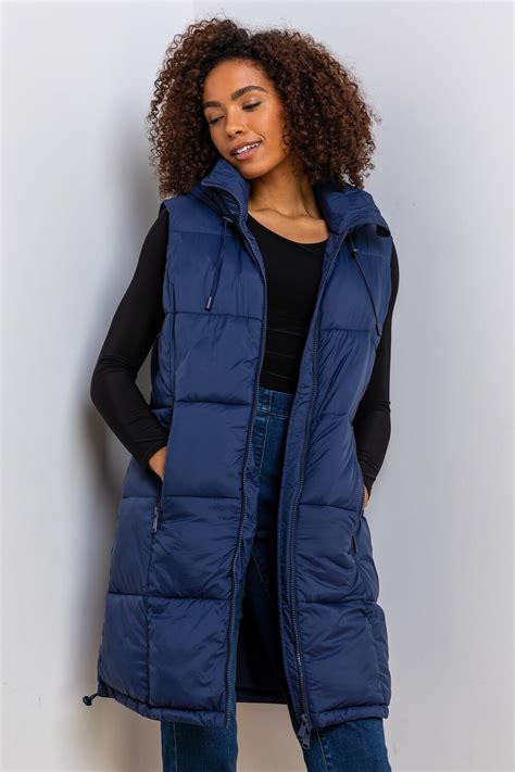 women's navy gilet with hood.